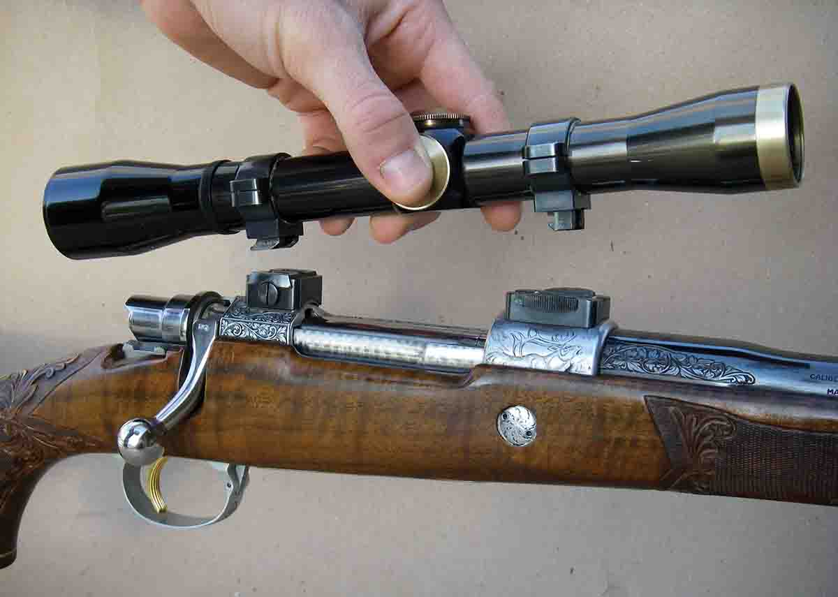 Hand-detachable claw mounts like this set on a Browning High-Power Olympian Grade rifle are popular in Europe.